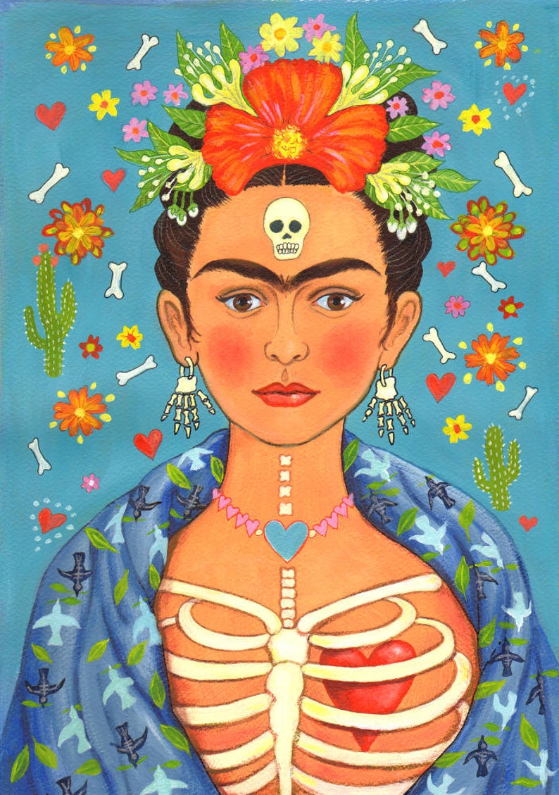 Frida Karlo with her heart showing through her rib cage. Signed, limited edition giclee print by artist Laura Robertson from Bristol UK