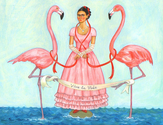 Frida Karlo with two flamingos. Signed, limited edition giclee print by artist Laura Robertson from Bristol UK