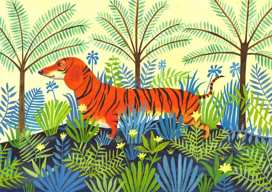 Dachshund with tiger markings in the jungle. Signed, limited edition giclee print by artist Laura Robertson from Bristol UK