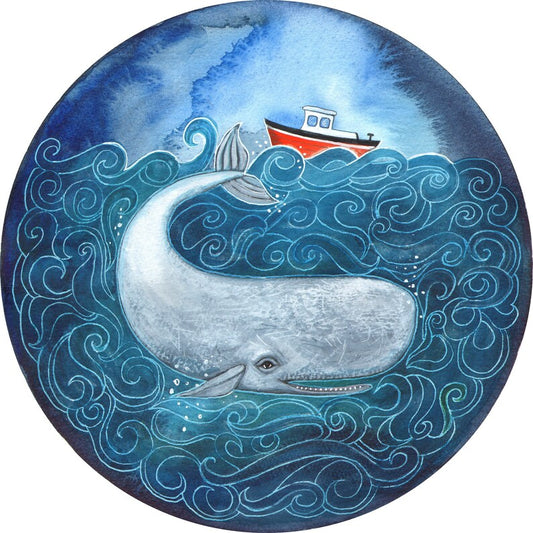 Circular image of white whale under the sea with boat above. Signed, limited edition giclee print by artist Laura Robertson from Bristol UK