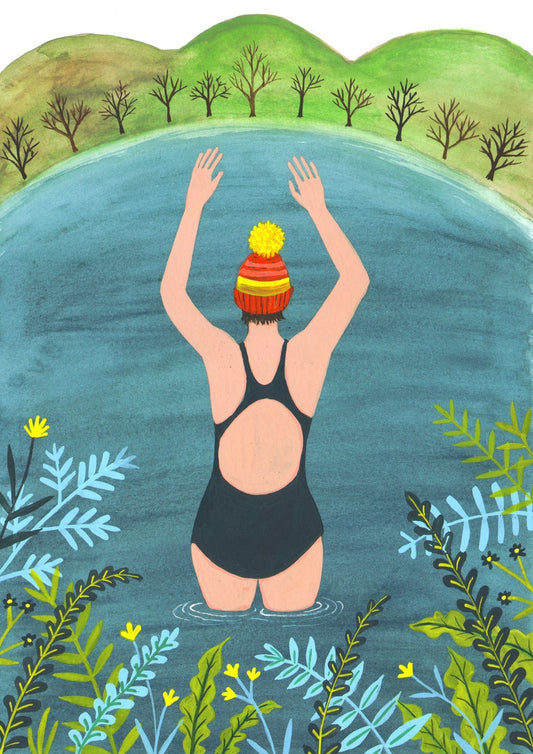 Woman in bathing costume diving into a lake surrounded by trees and hills. Signed, limited edition giclee print by artist Laura Robertson from Bristol UK