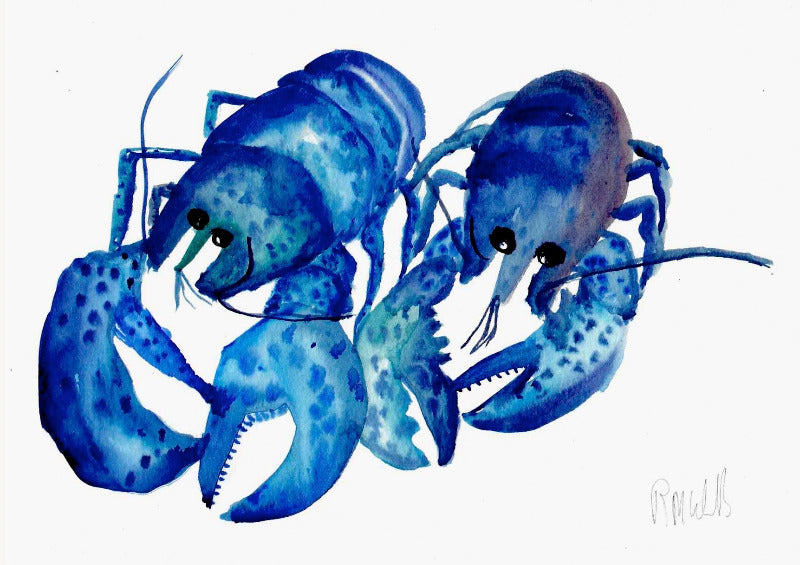 Painting of two lobsters in bright blue