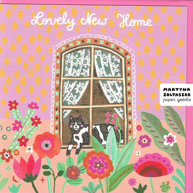 New Home card with cat sitting in a window with pink flowers in foreground