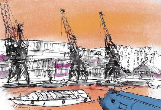 Print of drawing of Bristol M Shed museum and doxkside cranes. Black and white drawing with colour wash sky and highlights