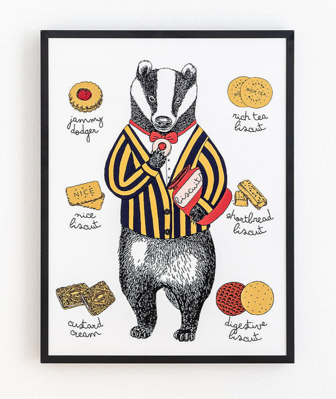 Badger in a blazer standing surrounded by biscuits