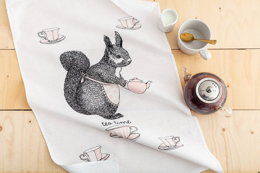 Squirrel holding tea pot surrounded by tea cups illustration