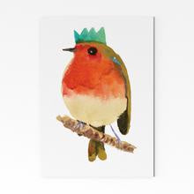 Robin in Christmas hat sitting on branch A5 print