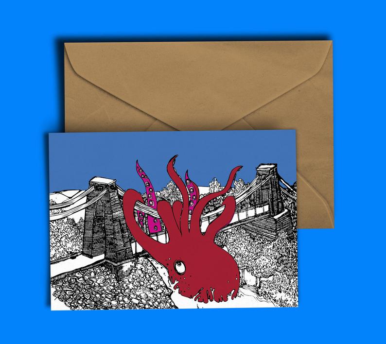 Glass Designs Dixon Does Doodles card with a giant red octopus wrapped around the Bristol Clifton Suspension Bridge 