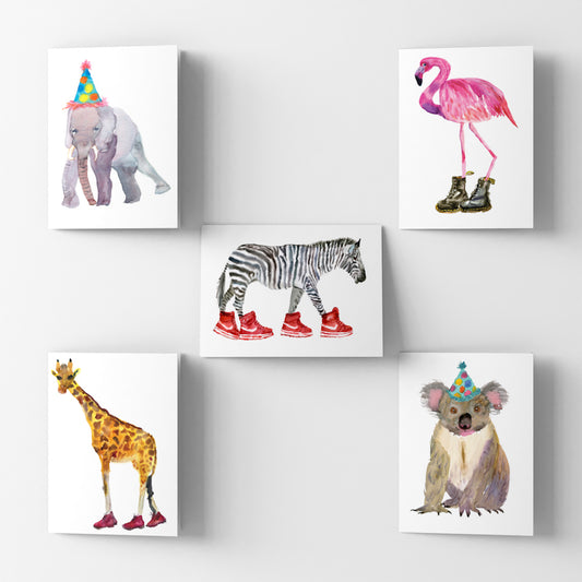 Bristol based illustrator Rosie Webb pack of 5 animal watercolour cards. Elephant in party hat. Flamingo in docs. Zebra in red trainers. Giraffe in docs, koala in party hat.