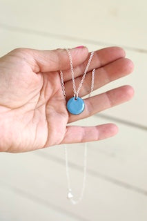 Blue enamel disc necklace with silver chain