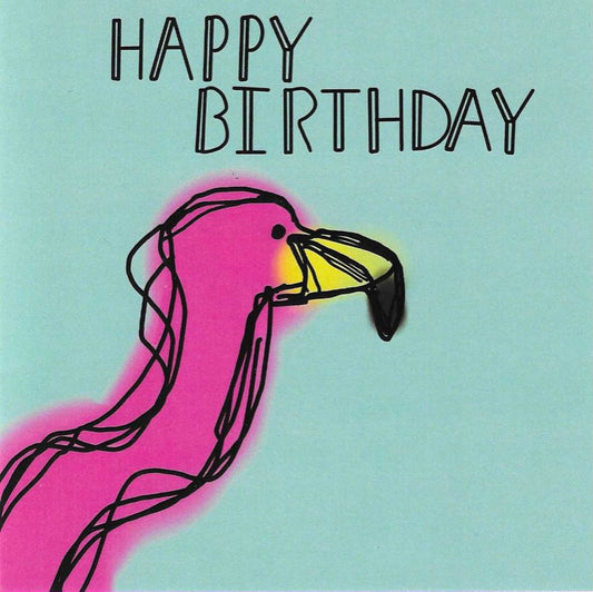 Pink Flamingo hand drawing with teal background happy birthday card
