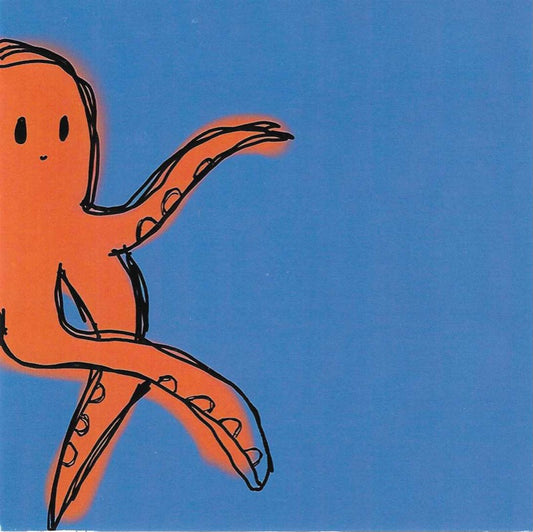 Card with hand drawn orange octopus on sea blue background
