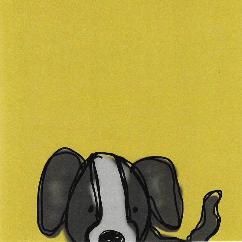 Card with hand drawn grey and white dog on a yellow background