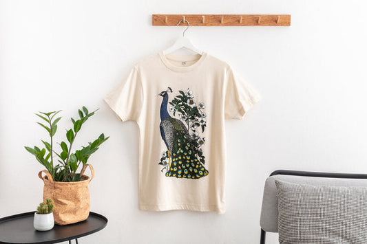 White T Shirt with Peacock illustration