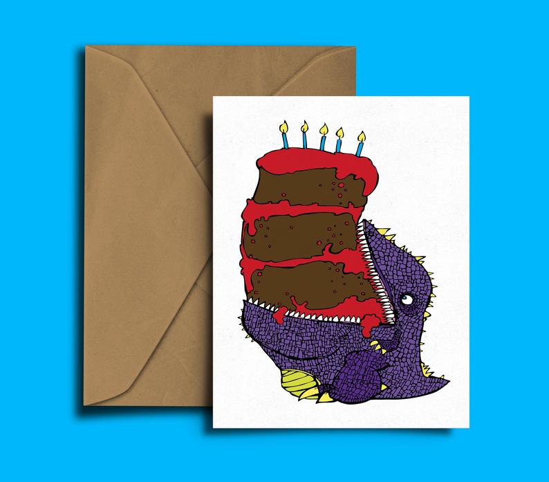 Glass Designs Dixon Does Doodles card with a purple monster eating a huge birthday cake 