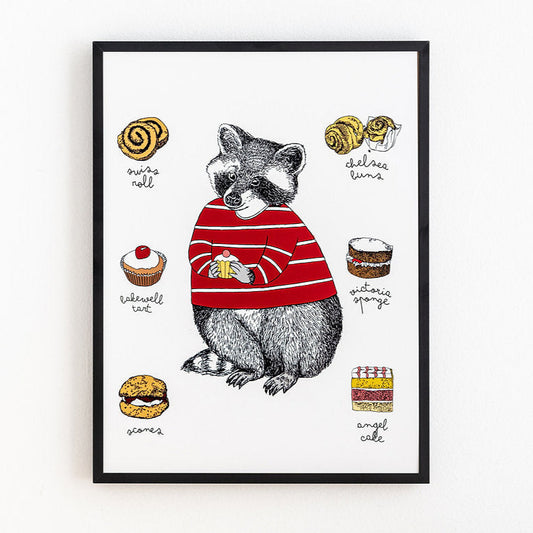 Raccoon in red jumper surrounded by cakes