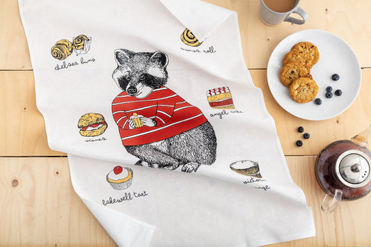 Racoon and various cakes illustration