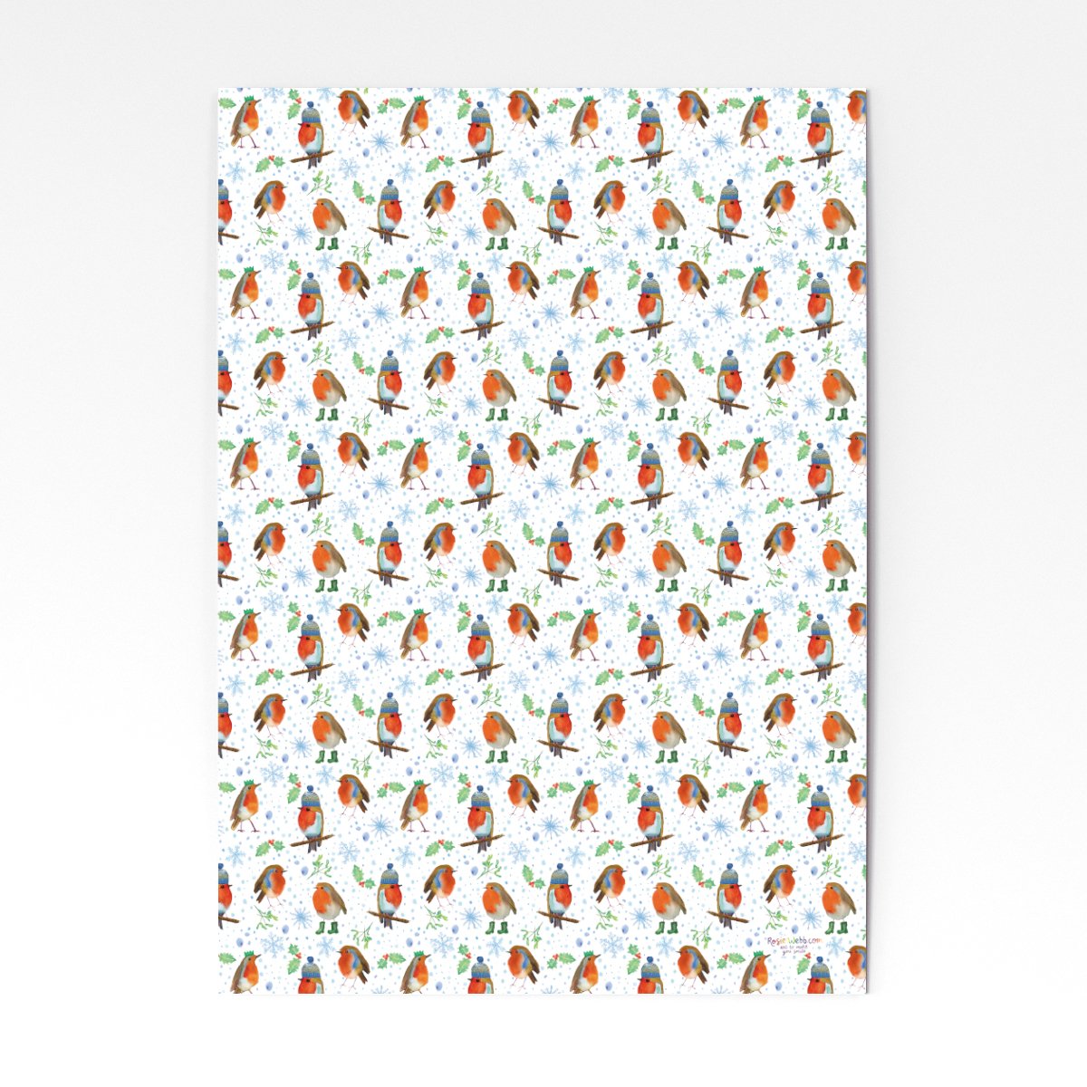 Colourful Christmas wrapping paper with robins in wooly hats and boots with snow flakes and holly