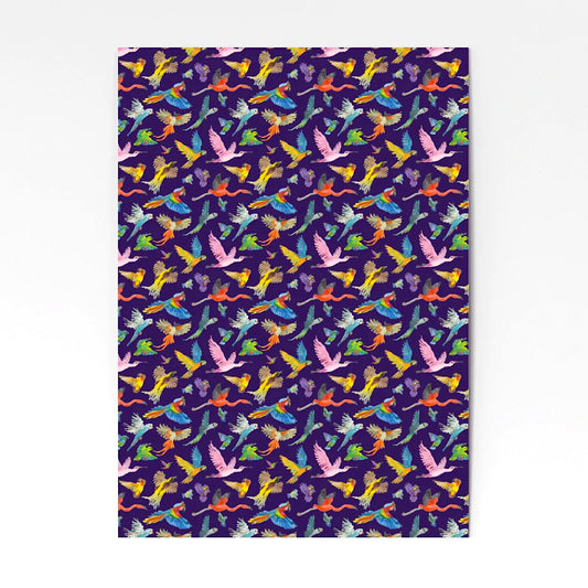 Wrapping paper with colourful birds on dark blue background.  Printed on high quality, 120 gram uncoated paper that's FSC certified. 500x700mm