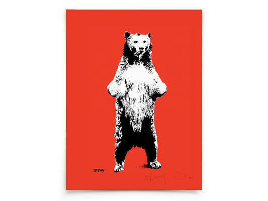 Glass Designs Stewy Unframed Bear Print. Black and white illustration with red background. Print taken from life size stencils from Bristol street artist Stewy. 