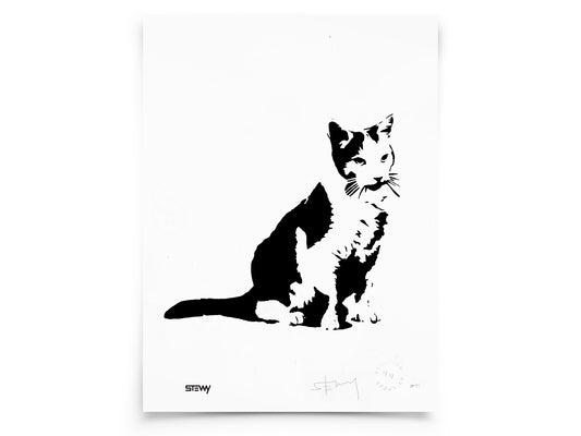 Glass Designs Stewy Unframed Cat Print. Black and white illustration. Print taken from life size stencils from Bristol street artist Stewy. 