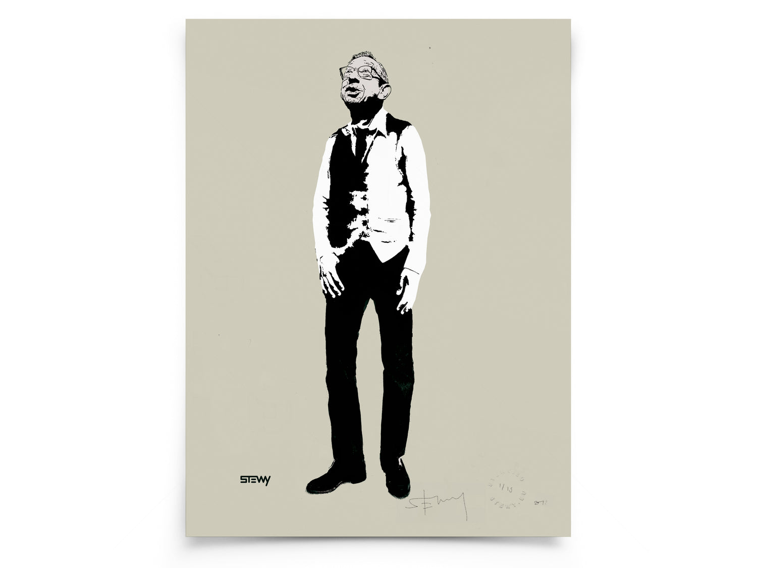 Glass Designs Stewy Unframed Dj Derek Print. Black and white illustration on grey background. Print taken from life size stencils from Bristol street artist Stewy. 