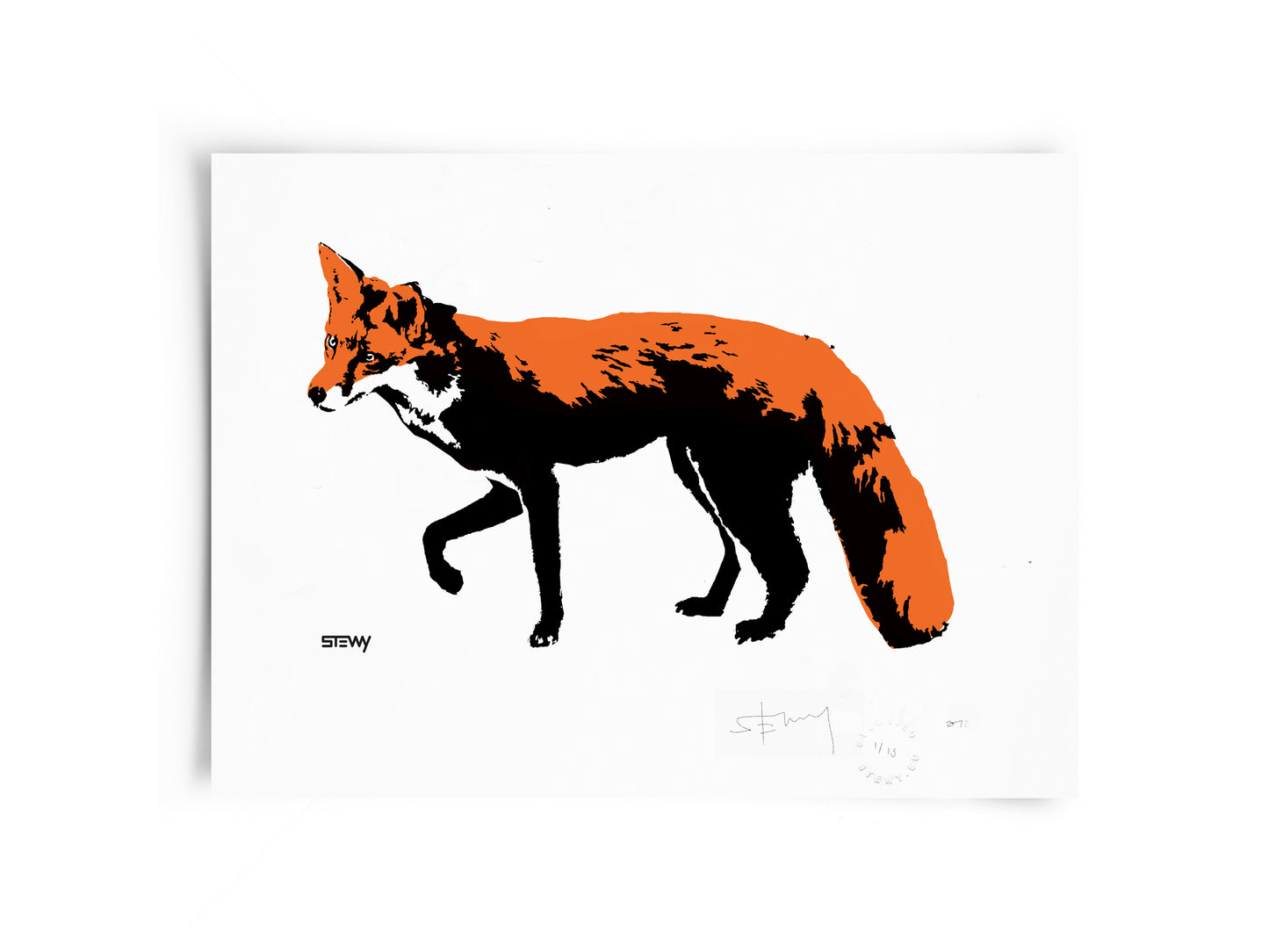 Glass Designs Stewy Unframed Fox Print. Black, orange and white illustration. Print taken from life size stencils from Bristol street artist Stewy. 