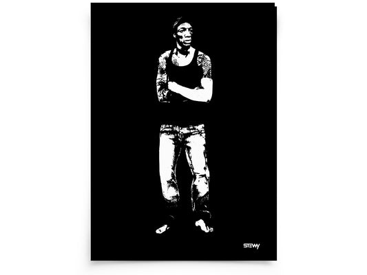 Glass Designs Stewy Unframed Tricky Print. Black and white illustration with black background. Print taken from life size stencils from Bristol street artist Stewy. 