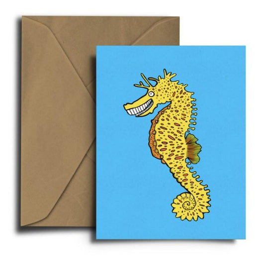 Glass Designs Dixon Does Doodles card with a yellow seahorse on a blue background