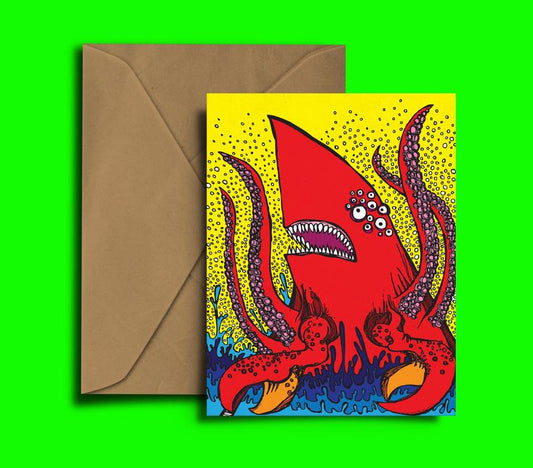 Glass Designs Dixon Does Doodles card with a picture of a shark octopus creature 