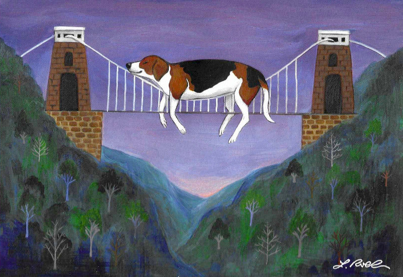 Colour painting of dog sleeping on Bristol Suspension Bridge above Avon Gorge