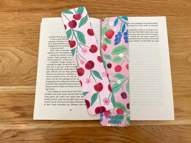 Pink bookmark with cherries and berries