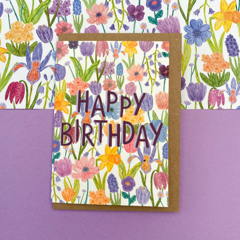 Plantable Happy Bithday card with colourful summer flowers on white background