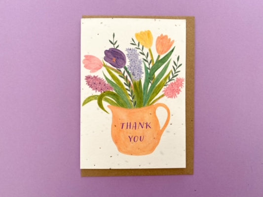 Plantable Thank You card. Message on orange vase with colourful flowers on white background