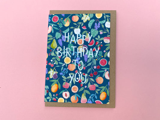 Happy Birthday to You card with summer fruits on dark teal background