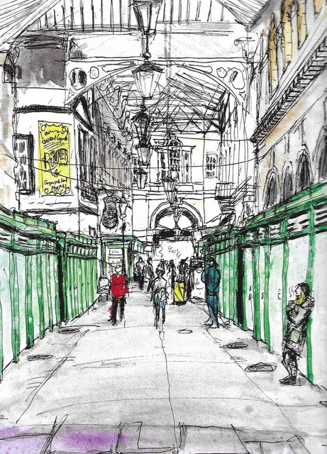 Print of drawing of St Nicholas indoor market. Black and white with colour highlighting of stalls and people