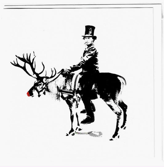 Stencil of Brunel riding Reindeer. Black and white with red nose