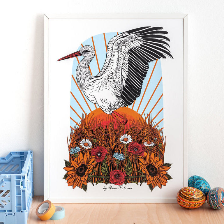 Stork with flowers print