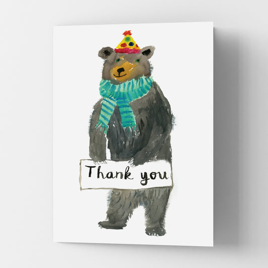 Bristol based illustrator Rosie Webb, water colour bear in party hat and scarf with a Thank you banner.