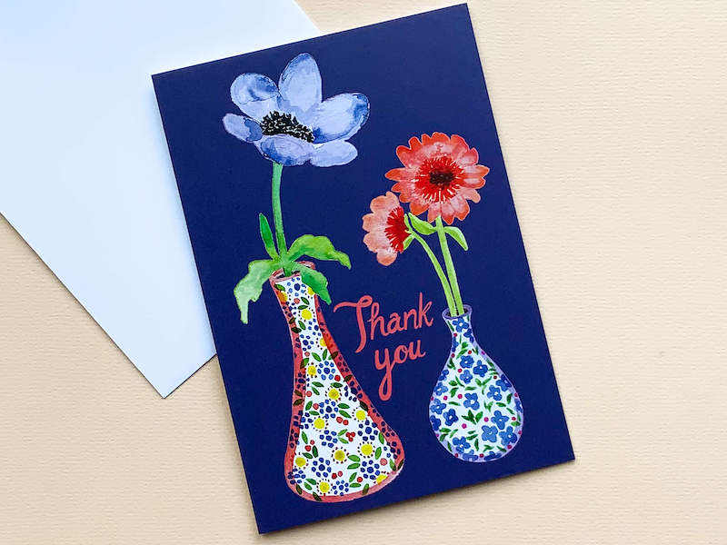 Pack of 5 Thank you cards by Thea & Fox. Printed with eco friendly prints on 100 % recycled card. 5 individual water colour paintings of flowers in vases. Designed in Bristol.