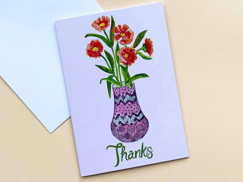 Pack of 5 Thank you cards by Thea & Fox. Printed with eco friendly prints on 100 % recycled card. 5 individual water colour paintings of flowers in vases. Designed in Bristol.