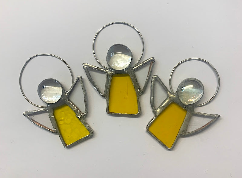 Small Stained Glass Angels with Clear/Amber or Silver nuggets for heads, tinned copper wire halos. A variety of dress colours available and clear glass wings.