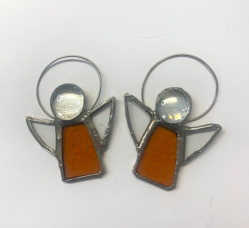 Small Stained Glass Angels with Clear/Amber or Silver nuggets for heads, tinned copper wire halos. A variety of dress colours available and clear glass wings.