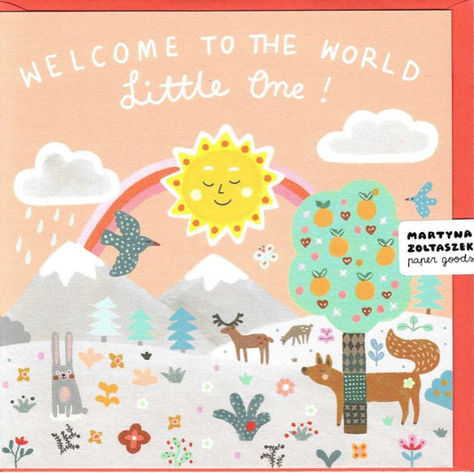 New baby card with illustration of the sun with trees mountains clouds and animals