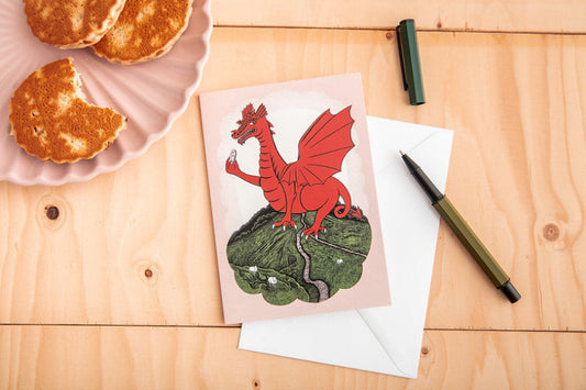 Card with red Welsh dragon illustration