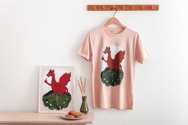 Pale pink T Shirt with Welsh dragon design