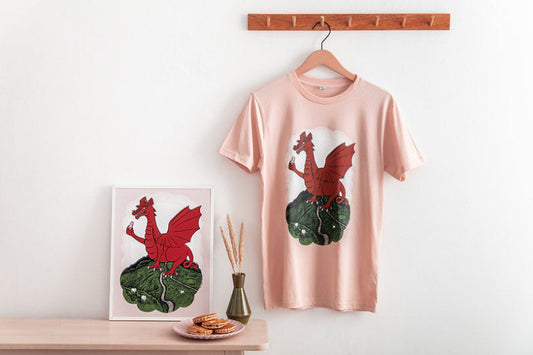 Pale pink T Shirt with Welsh dragon design