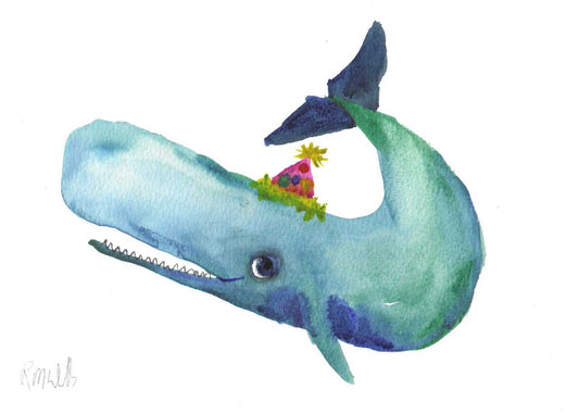 Colourful painting of a whale wearing a party hat