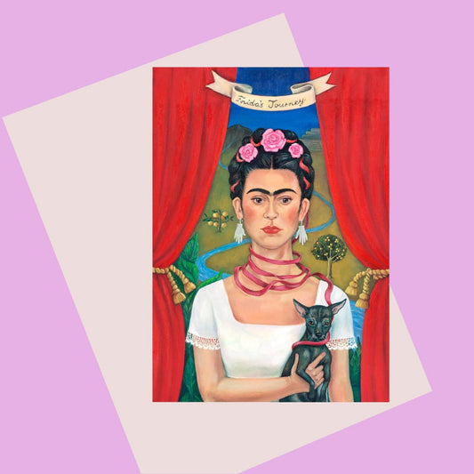 Colour illustration  of Frida Kahlo sitting with a dog