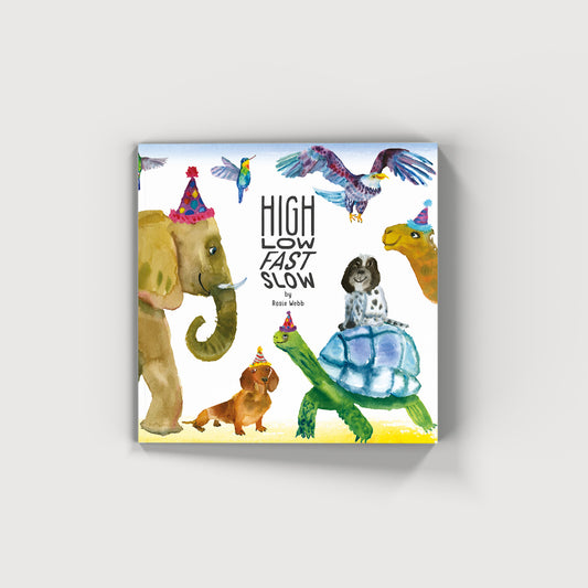 High Low Fast Slow By Rosie Webb book with watercolour animals in party hats 